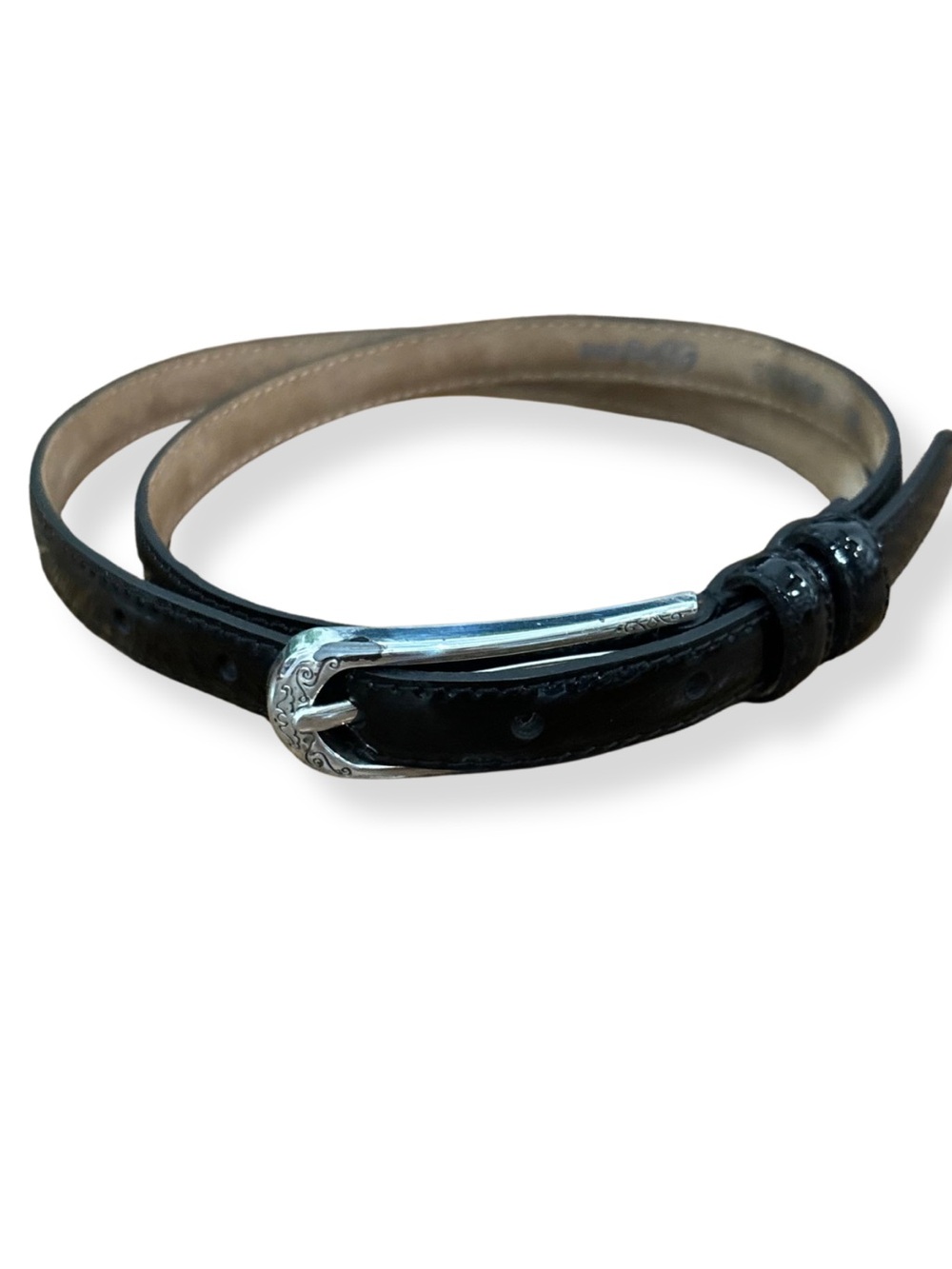 Brighton Black Patent Leather Skinny Belt Silver Buckle Size 38